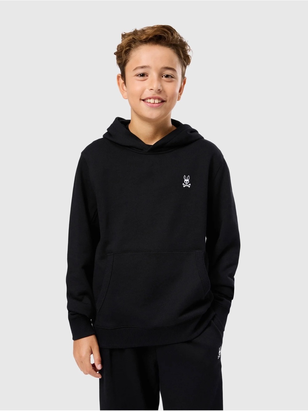 Psycho Bunny Kids Levy Essential Fleece Hoodie Pullover Sweatshirt Hood Black